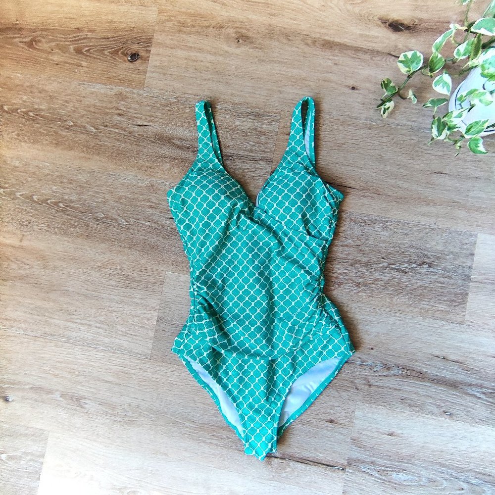 Boden Ruched Wrap Teal and Cream one-piece swimsuit